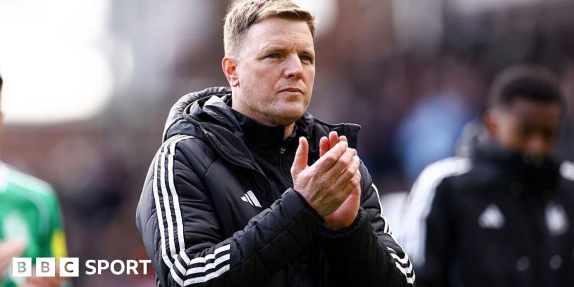 Newcastle United head coach Eddie Howe faces the away end after the game against Crystal Palace at Selhurst Park on 12 April, 2026