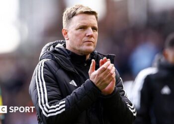 Newcastle United head coach Eddie Howe faces the away end after the game against Crystal Palace at Selhurst Park on 12 April, 2026