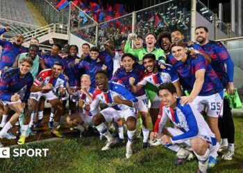 Crystal Palace players celebrate reaching the Conference League semi-finals