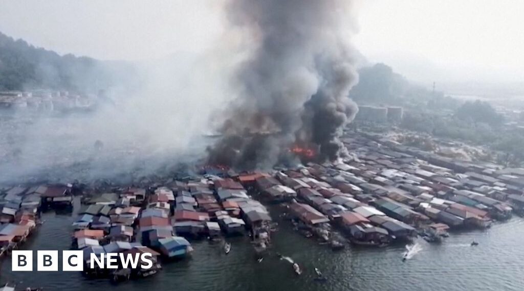 Drone footage shows huge Malaysian coastal village fire