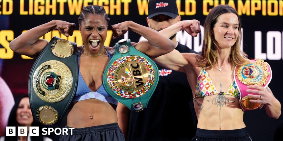 Caroline Dubois and Terri Harper pose for cameras at Saturday's weigh-in