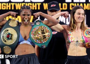 Caroline Dubois and Terri Harper pose for cameras at Saturday's weigh-in