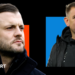 Jack Wilshere, wearing a black coat with a high collar, looks on with a serious face (left). Dave Challinor, wearing a black jacket with a Stockport county badge on, smiles (right).