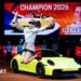 Elena Rybakina celebrates her victory in Stuttgart in front of the sports car that forms part of her winner's prize