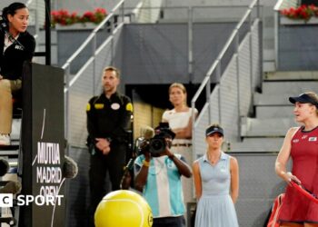 Elena Rybakina talks to the umpire during her win against Zheng Qinwen