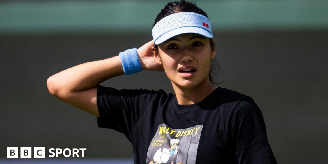 Emma Raducanu reacts during practice at Indian Wells