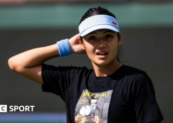 Emma Raducanu reacts during practice at Indian Wells