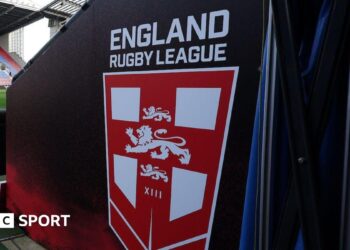 England Rugby League branding during a Test against Samoa at Wigan in 2024