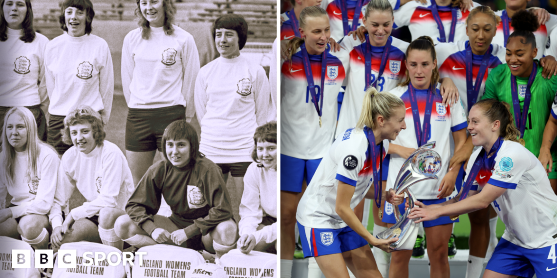 A split picture of the Lionesses posing for their first official photo in 1972, and the Lionesses lifting the Euro 2025 trophy - 53 years between the two events