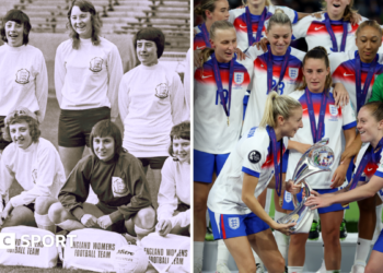 A split picture of the Lionesses posing for their first official photo in 1972, and the Lionesses lifting the Euro 2025 trophy - 53 years between the two events