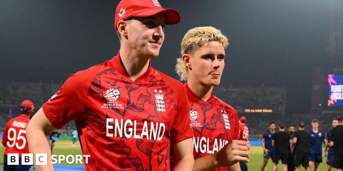 Harry Brook and Jacob Bethell leave the field after the T20 World Cup match between England and Bangladesh