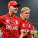 Harry Brook and Jacob Bethell leave the field after the T20 World Cup match between England and Bangladesh