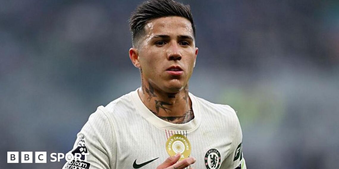 Enzo Fernandez wearing a white Chelsea shirt