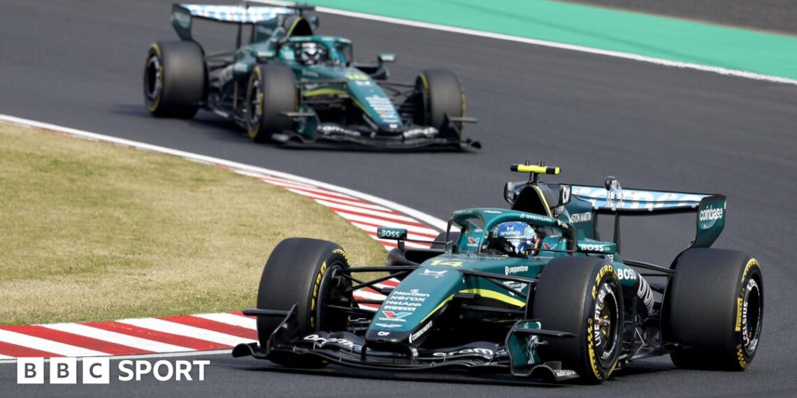 Aston Martin's Fernando Alonso ahead of team-mate Lance Stroll during the Japanese Grand Prix