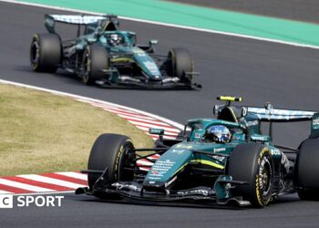 Aston Martin's Fernando Alonso ahead of team-mate Lance Stroll during the Japanese Grand Prix