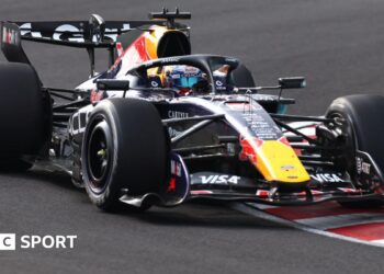Red Bull's Max Verstappen drives across a kerb during the 2026 Japanese Grand Prix