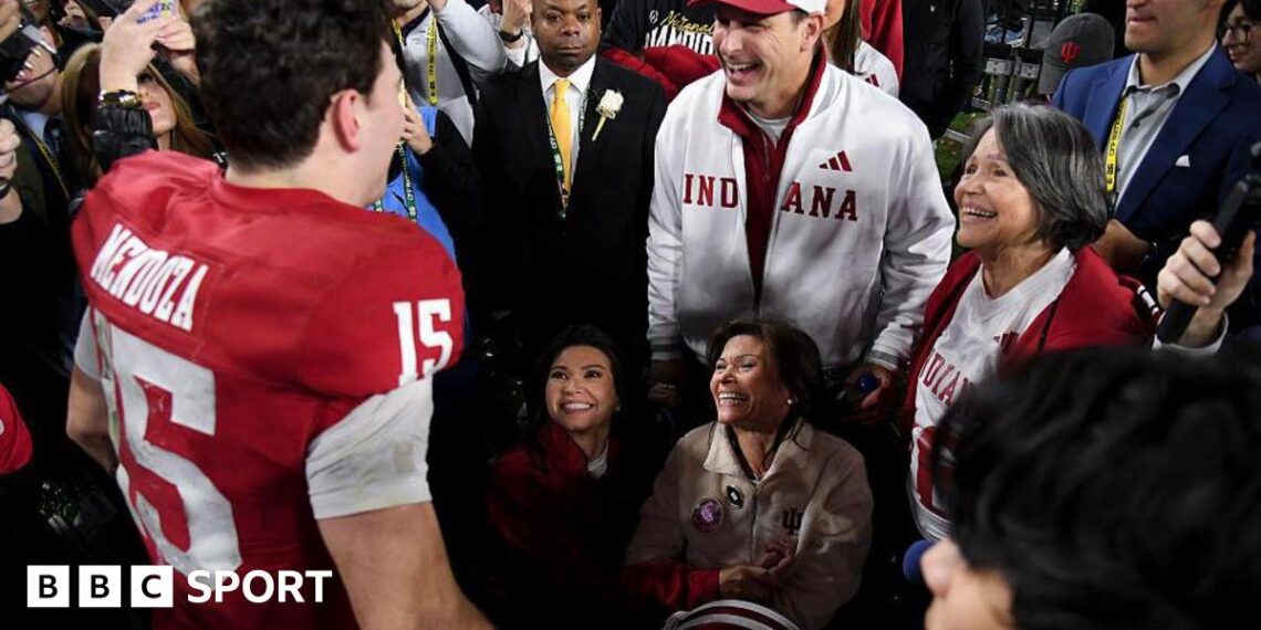 Fernando Mendoza celebrates with his family after the Indiana Hoosiers win the college football national championship in Miami in 2026