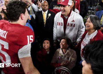 Fernando Mendoza celebrates with his family after the Indiana Hoosiers win the college football national championship in Miami in 2026