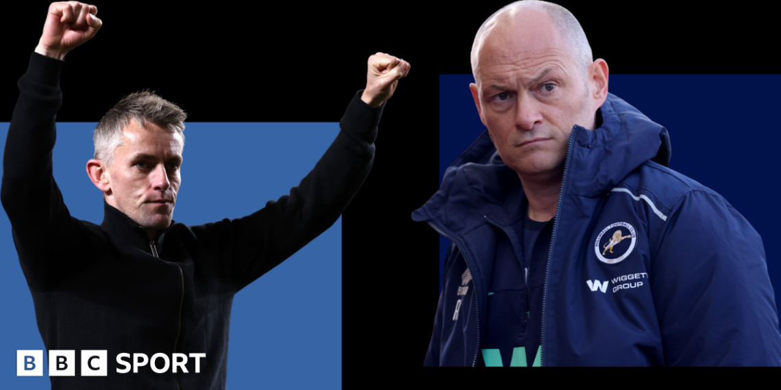 Side-by-side images of Ipswich Town boss Kieran McKenna holding out his arms in celebration while wearing a black zip up jacket and Alex Neil looking in a blue Millwall coat