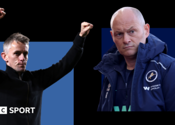 Side-by-side images of Ipswich Town boss Kieran McKenna holding out his arms in celebration while wearing a black zip up jacket and Alex Neil looking in a blue Millwall coat