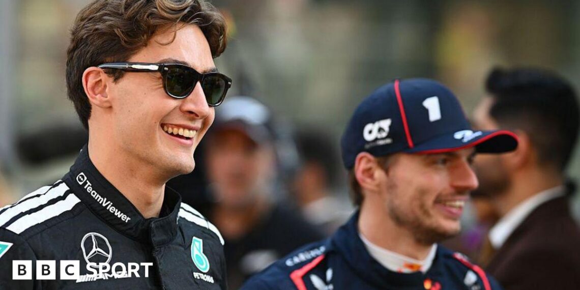 George Russell and Max Verstappen smiling prior to the F1 Grand Prix of Abu Dhabi in December 2025