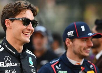 George Russell and Max Verstappen smiling prior to the F1 Grand Prix of Abu Dhabi in December 2025