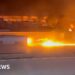 Fuel truck leaves trail of fire on road in Syria