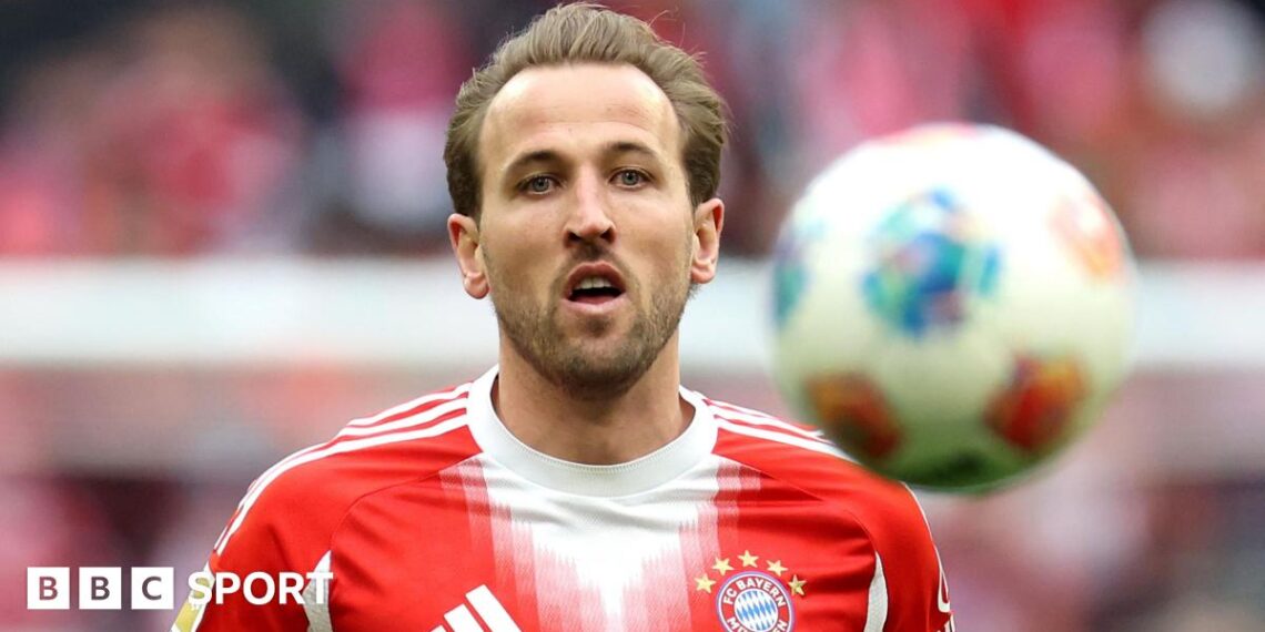 Harry Kane celebrates scoring in Bayern Munich's 3-2 win against Borussia Dortmund in February