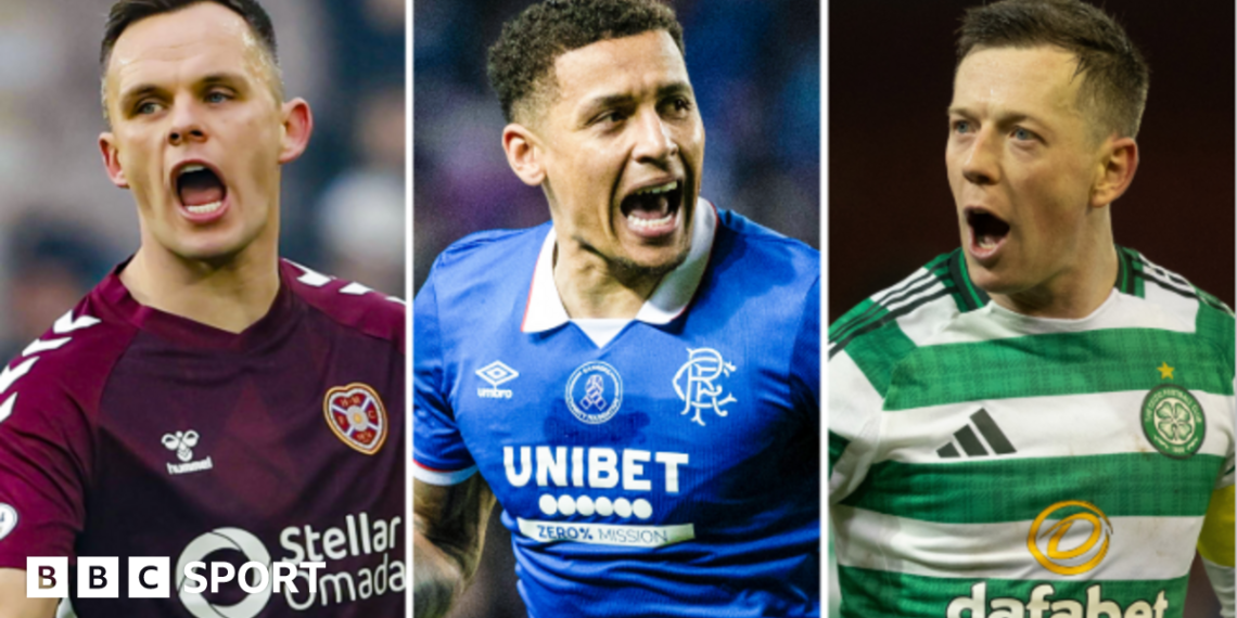 Hearts captain Lawrence Shankland, Rangers captain James Tavernier, and Celtic captain Callum McGregor