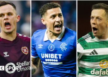 Hearts captain Lawrence Shankland, Rangers captain James Tavernier, and Celtic captain Callum McGregor