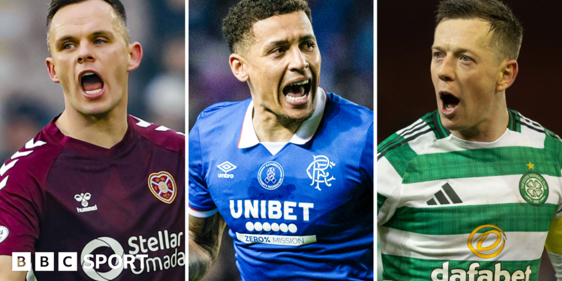 Hearts captain Lawrence Shankland, Rangers' James Tavernier and Celtic's Callum McGregor