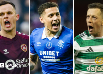 Hearts captain Lawrence Shankland, Rangers' James Tavernier and Celtic's Callum McGregor