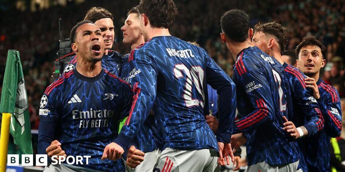 Arsenal's Kai Havertz celebrates scoring a goal against Sporting in the Champions League quarter-sinal first leg
