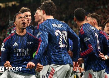 Arsenal's Kai Havertz celebrates scoring a goal against Sporting in the Champions League quarter-sinal first leg