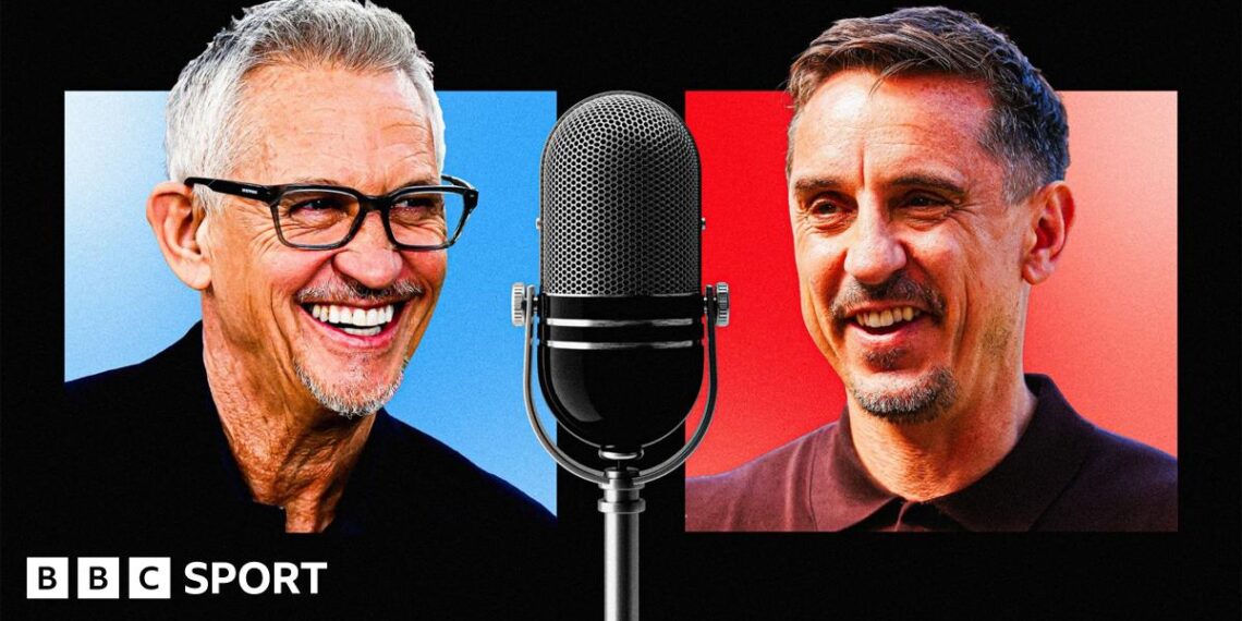 An image of Gary Lineker taking into a microphone with an image of Gary Neville speaking into a microphone below that