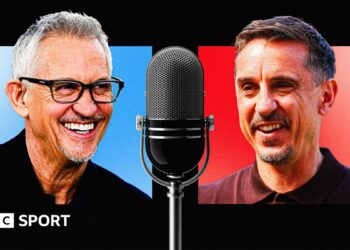 An image of Gary Lineker taking into a microphone with an image of Gary Neville speaking into a microphone below that