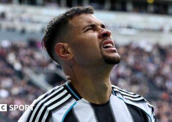 Newcastle United midfielder Bruno Guimaraes reacts during the Premier League game against Bournemouth