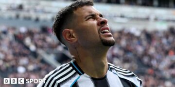 Newcastle United midfielder Bruno Guimaraes reacts during the Premier League game against Bournemouth