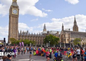 London Marathon runners in front of Big Ben