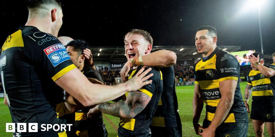 York Knights players celebrate after their Super League win over Hull KR in February