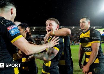 York Knights players celebrate after their Super League win over Hull KR in February
