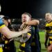 York Knights players celebrate after their Super League win over Hull KR in February