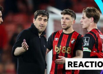 Bournemouth boss Andoni Iraola talks with three of his players