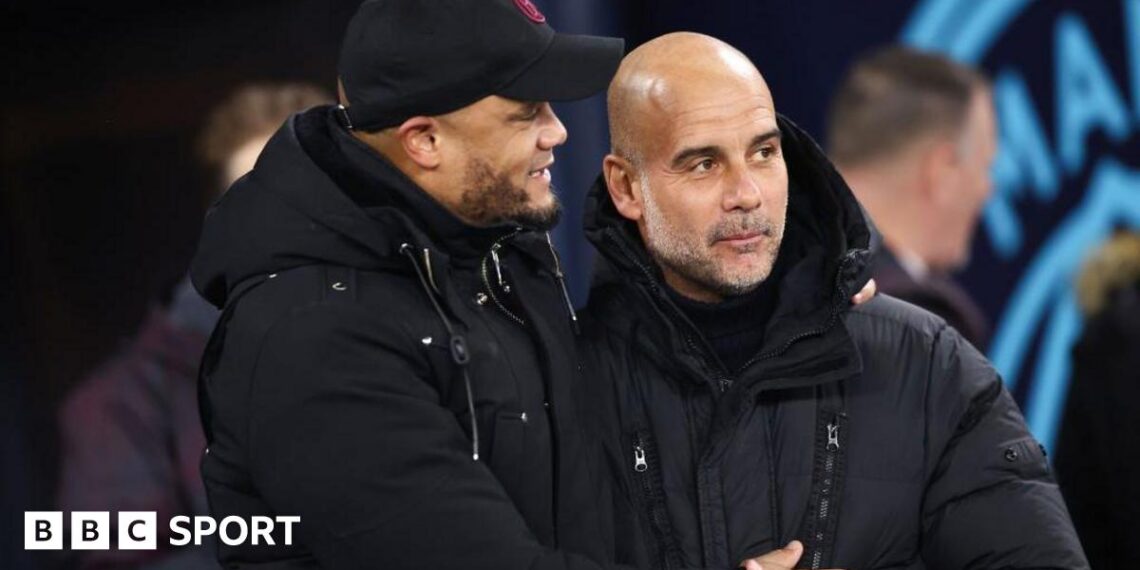 Burnley manager Vincent Kompany and Manchester City manager Pep Guardiola during the Premier League match between Manchester City and Burnley FC at Etihad Stadium on January 31, 2024
