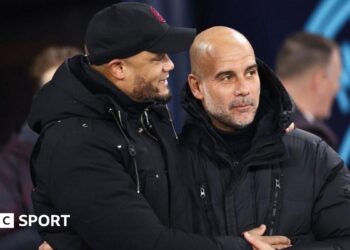 Burnley manager Vincent Kompany and Manchester City manager Pep Guardiola during the Premier League match between Manchester City and Burnley FC at Etihad Stadium on January 31, 2024