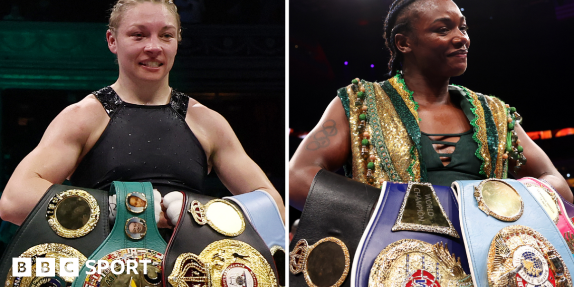 Split image of Lauren Price with her world titles and Deontay Wilder and Derek Chisora facing off