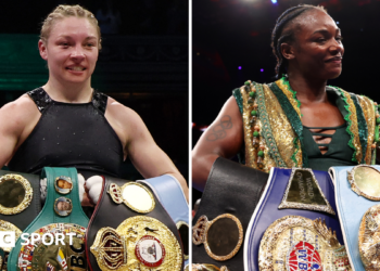 Split image of Lauren Price with her world titles and Deontay Wilder and Derek Chisora facing off