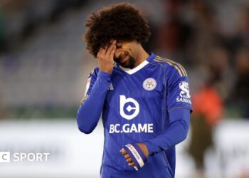 Hamza Choudhury of Leicester City reacts after the club are relegated to League One