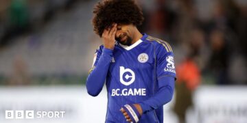 Hamza Choudhury of Leicester City reacts after the club are relegated to League One