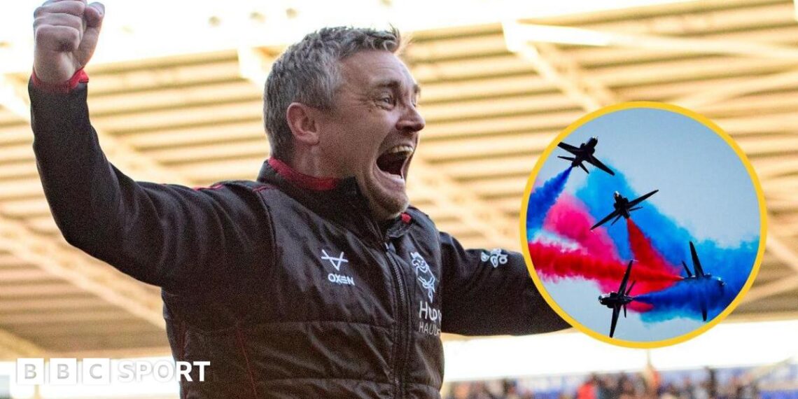 Lincoln City boss Michael Skubala celebrates with an inset image of the Red Arrows doing aerobatic moves with red and blue smoke coming off aircrafts